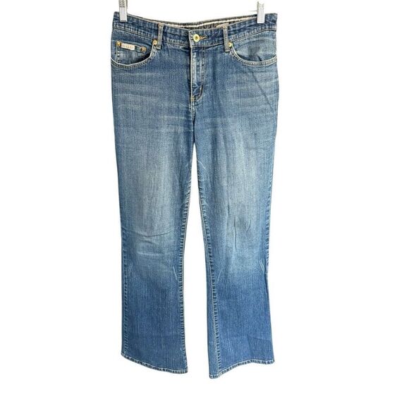 VTG Y2k Baby Phat Jeans Sz 7 Mid Rise Boot Flare Embroidered Gold Cat - Picture 1 of 13